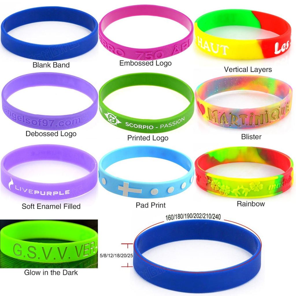 A collage of various silicone wristbands showcasing different styles, colors, and designs including embossed logos, debossed logos, printed logos, and glow-in-the-dark options.