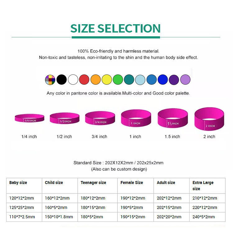 A color selection chart showing various sizes and colors of silicone wristbands, with measurements indicated in inches.